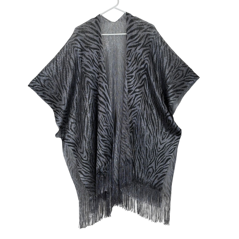 Sparkle Zebra Print Kimono Wrap Women OS Silver Metallic Fringe Shimmer Festival